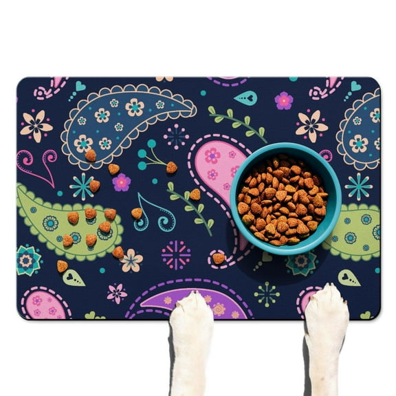 Paisley Indian Tribal Dog Food Mat with Paisley Design Boho Vintage Floral Pattern, Absorbent Waterproof Non-Slip Pet Feeding Mat