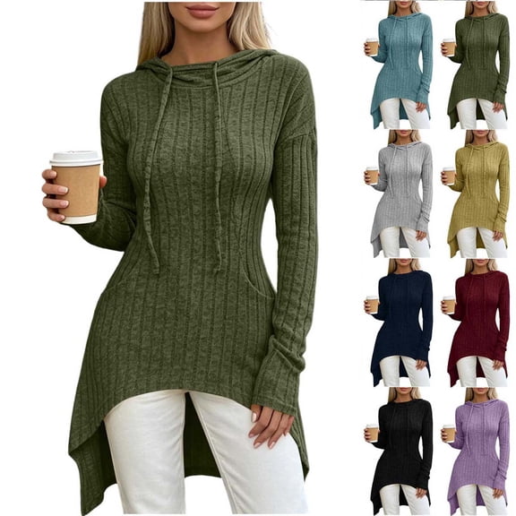 Xaqiouau Women's Ribbed Hooded Tunic Sweater Long Sleeve Pullover Hoodie Soft Knit Asymmetrical Hem Casual Loose Fit Sweatshirt Top with Pockets