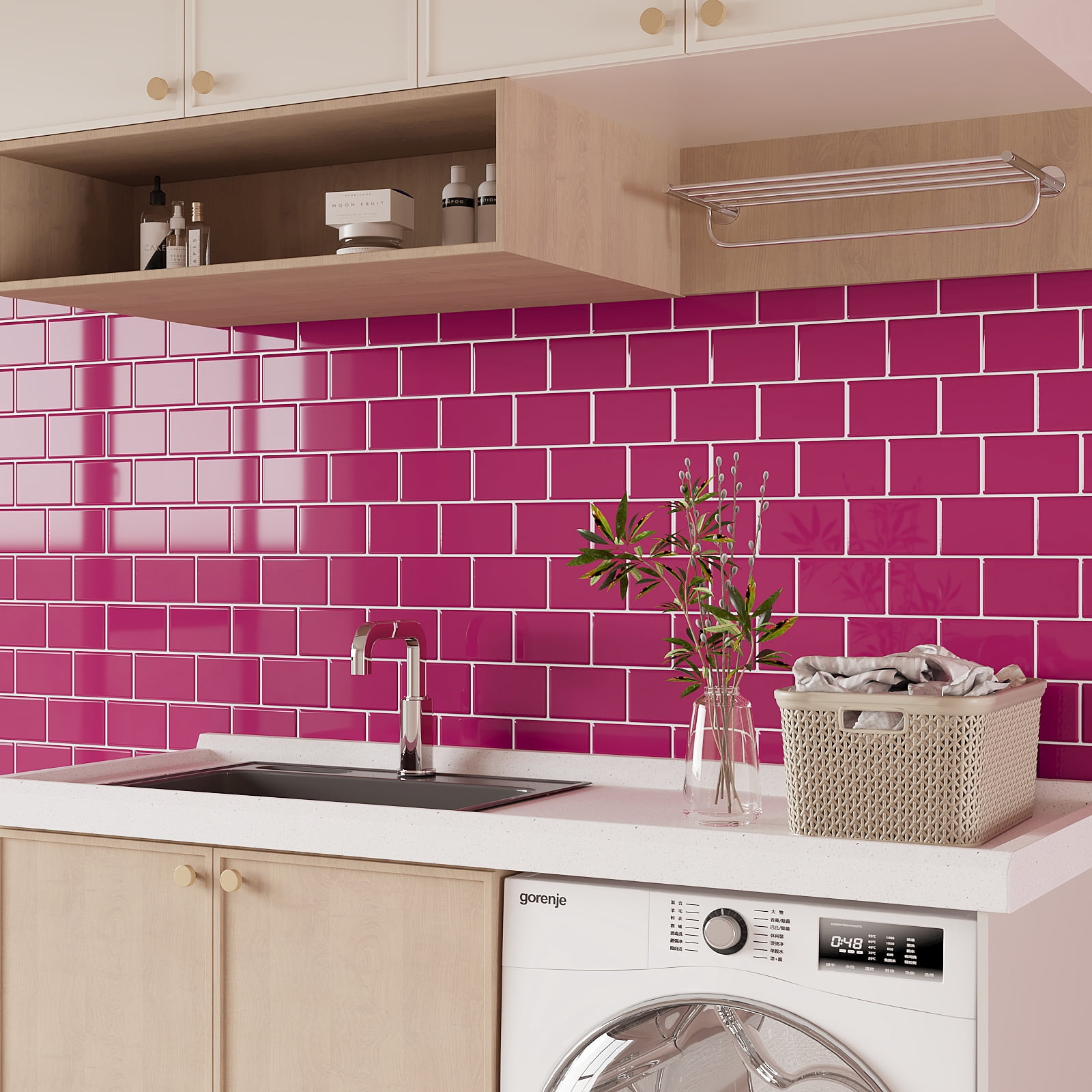 VEELIKE Berry Pink Subway Tile Peel and Stick Backsplash for Kitchen Waterproof 12"x12" 6 Sheets Backsplash Tiles Self Adhesive Wall Tiles Renter Friendly Backsplash Stick on Tile for Bathroom