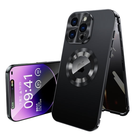 TECH CIRCLE for iPhone 14 Pro Max Hard PC Case Magnetic Metal Edge Full Body Drop Protection,Compatible with MagSafe,Rugged Built-in Privacy Screen Protector Logo View Shockproof Cover,Black