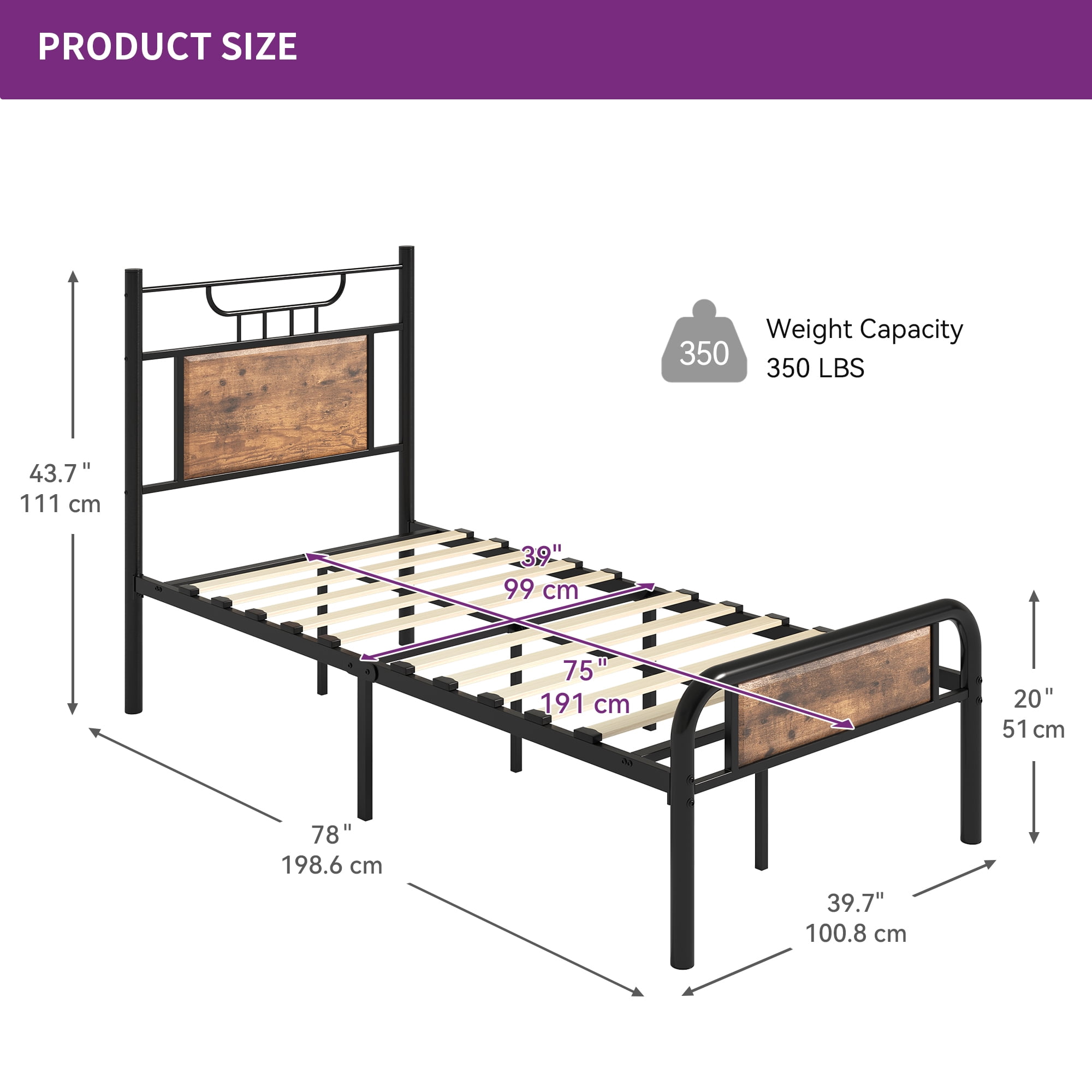Uforic Farmhouse Twin Size Metal Bed Frame with Headboard & Soundproof Cotton, Black