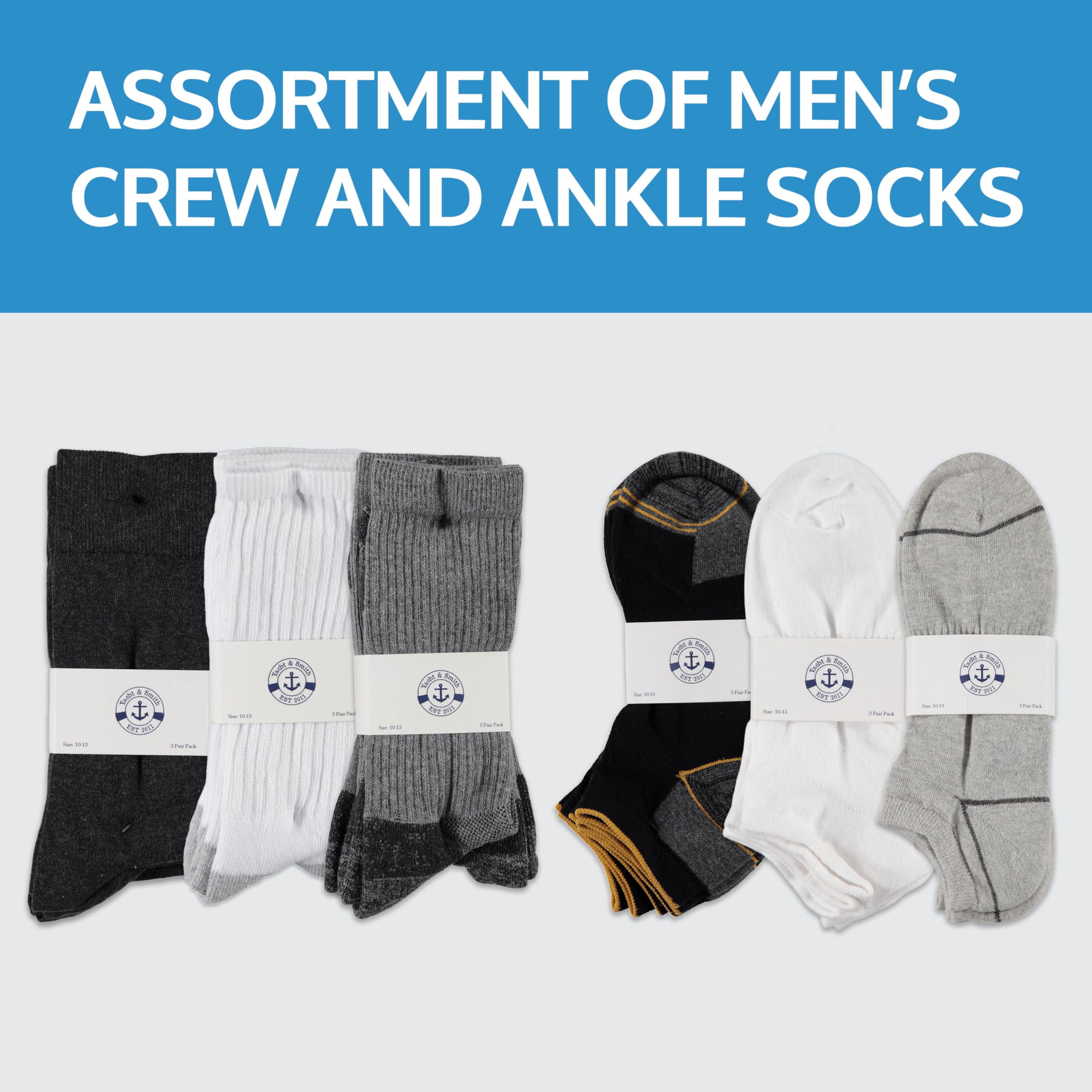 Yacht & Smith 96 Pairs Wholesale Sample Socks Mens, Crew and Ankle Socks - Mixed Assorted Random Colors Wholesale Lot Bulk, Great for Donating Shelters