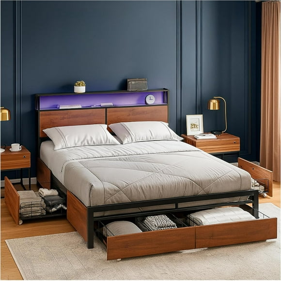 Base para Cama Matrimonial Box con Luces LED y Espacio de Almacenamiento Cabecera Antideslizante y sin Ruido Estructura Metalica Resistente para Recamara Moderna