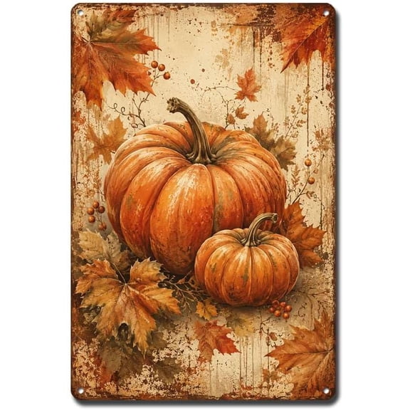 Vintage Metal Tin Sign Rustic Distressed Finish Autumn Pumpkins Maple Leaves Fall Decorations for Home Farmhouse Wall Decor 8×12 Inches