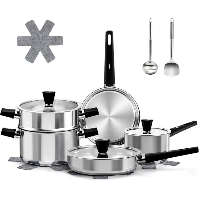 Stainless Steel Cookware Set Non Toxic, 14PCs Stainless Steel Pots and Pans Set with Stay-Cool Handles, Kitchen Induction Cookware with Steamer, Utensil Sets and Pot Protectors