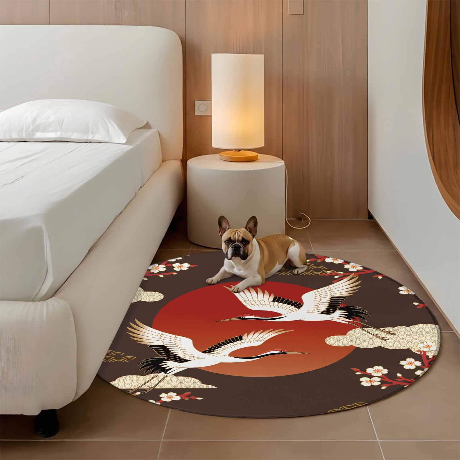 Japanese Style Round Area Rugs Collection 7', Modern Cranes Cherry Flower Wave Brown Non Slip Indoor Circular Throw Runner Rug Floor Mat Carpet for Living Room Dining Table Bedroom Nursery