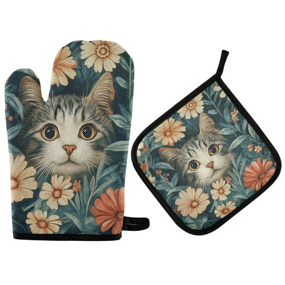 Yayeee Oven Mitts and Pot Holder Set of 2 Heat Resistant Kitchen Gloves Baking Hot Pad, Flowers Cat