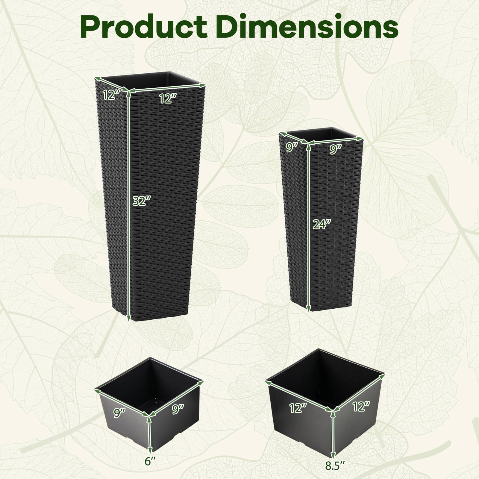 Costway Rattan Tall Planter Set of 2 with Removable Inner Trays, Drainage Holes for Garden Black
