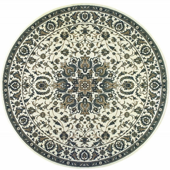 HomeRoots 8' x 8' Ivory and Blue Round Oriental Stain Resistant Indoor Outdoor Area Rug