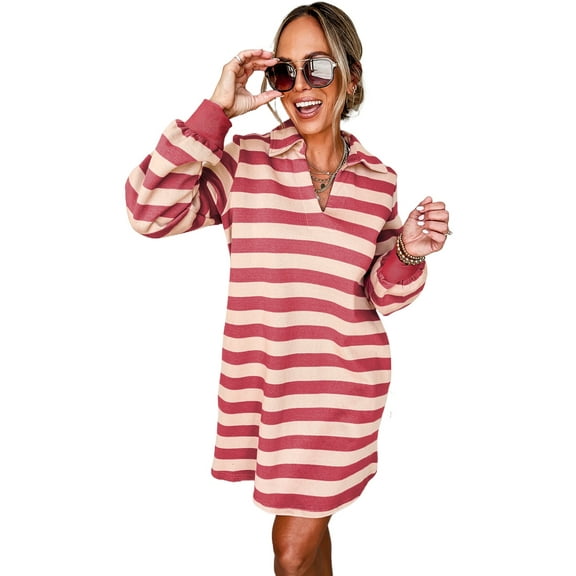 Women's Pink Stripe Collared V Neck Long Sleeve Casual Dress with Pockets | [ZhiHiMeRi] | (US 12-14)L