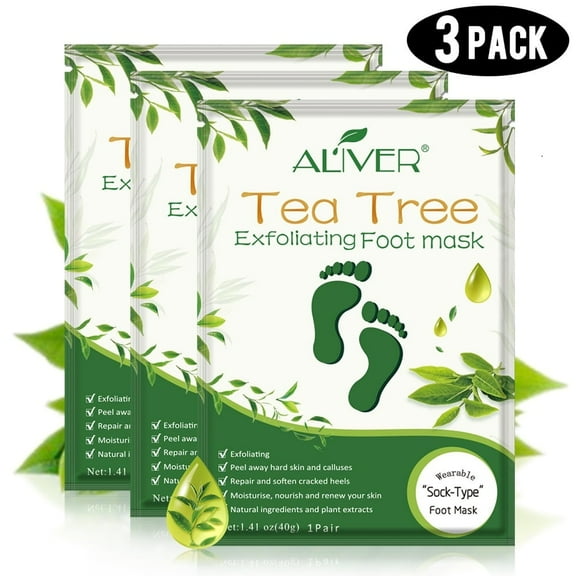 ALIVER Foot Peel Mask with Tea Tree - Feet Peeling Masks - Make Your Feet Baby Soft Smooth - Dead Skin & Callus Remover - Exfoliating Foot Mask for Dry, Cracked Feet - 3 Pack