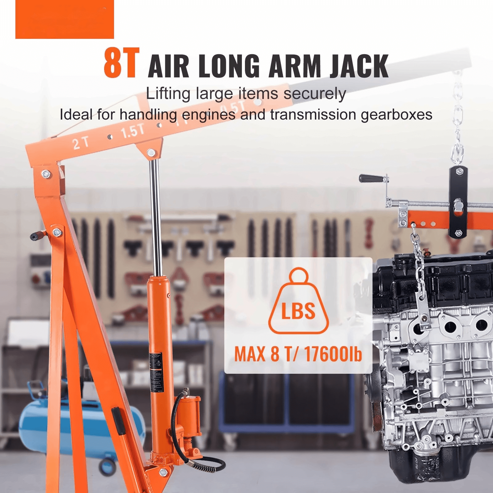 8 Ton Hydraulic Long Ram Jack, Engine Hoist Cylinder with Air Pump - 26-46.1 Inch Lift - Heavy Duty Steel Clevis Base for Garage, Shop Cranes & Farm Equipment