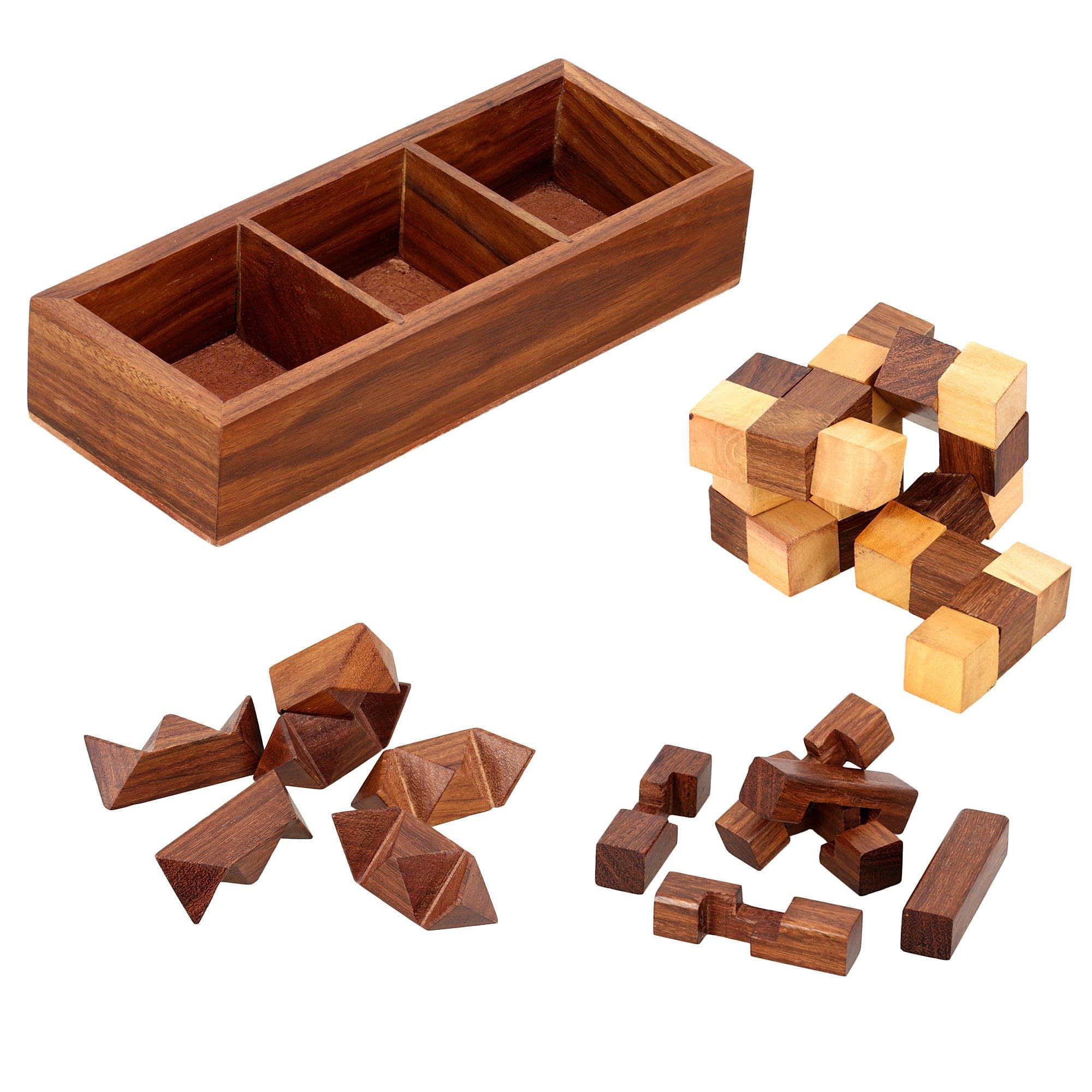 3 In 1 Wooden 3D Puzzle Games Set Teens Adults Diagonal Burr Interlocking Blocks