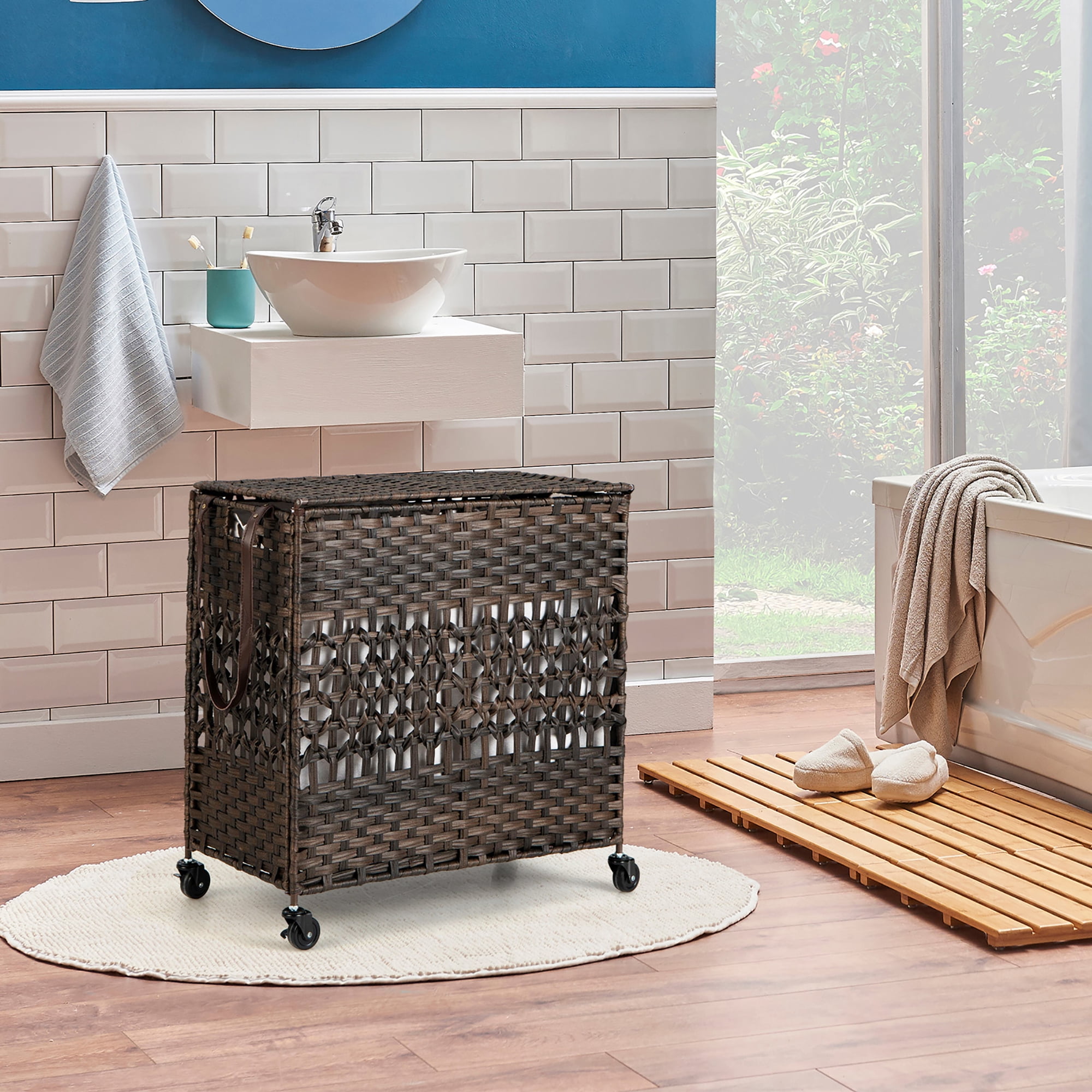 Costway 110L Laundry Hamper w/Wheels Clothes Basket w/Lid and Handle and 2 Liner Bags