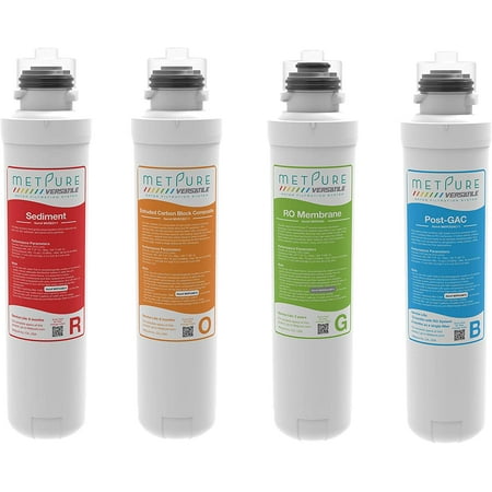 

Metpure Versatile MV-ROGBSET Red (R) + Orange (O) + Green (G) + Blue (B) Quick Twist Filter Set Replacement Cartridge Bundle (1 x Sediment 1 x Extruded Carbon Composite 1 x 50gpd Membrane 1 x GAC)