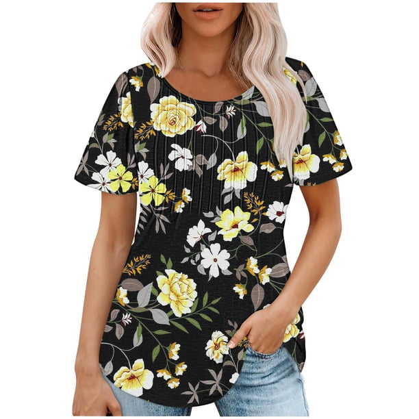 Tops Cortos para las Mujeres Cuello Redondo Suelto Impreso de Manga Corta, Tops Sueltos para las Mujeres