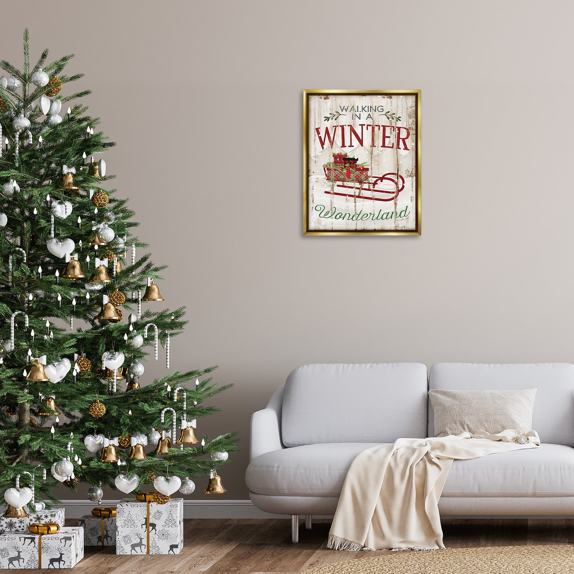 Stupell Industries Rustic Winter Wonderland Sleigh Holiday Painting Gold Floater Framed Canvas Art Print Wall Art, 25 x 31