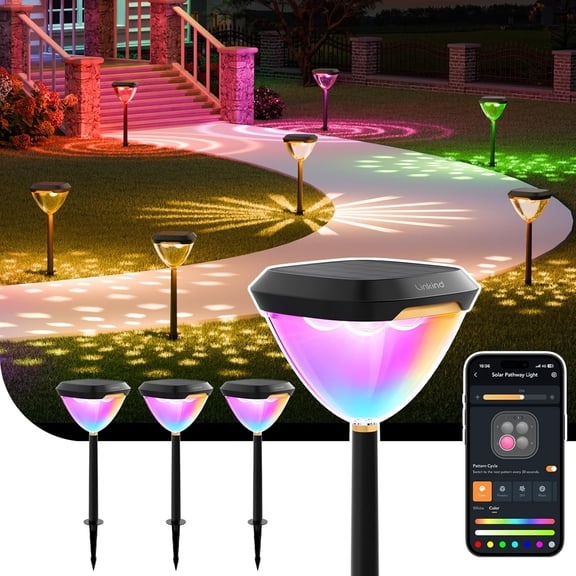 Linkind Smart Solar Pathway Lights SP6, in-App Pattern Switching Solar Lights Outdoor Waterproof, Solar & Wired Charging Color-Changing Landscape Lighting, Garden Decor for Yard, Patio (4 Pack)