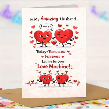 Funny Valentine s Day Card for Husband – Love Machine Theme – Cute Heart Character Design – Envelope Included Blank Inside – Perfect Romantic Gift for Him