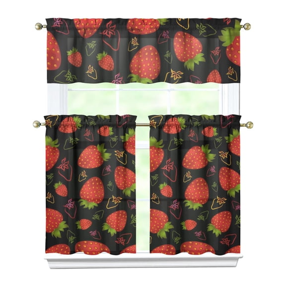 3 PCS Strawberry Kitchen Curtains Set with Valance - Cute Red Kawaii Tier Curtains for Farmhouse Windows