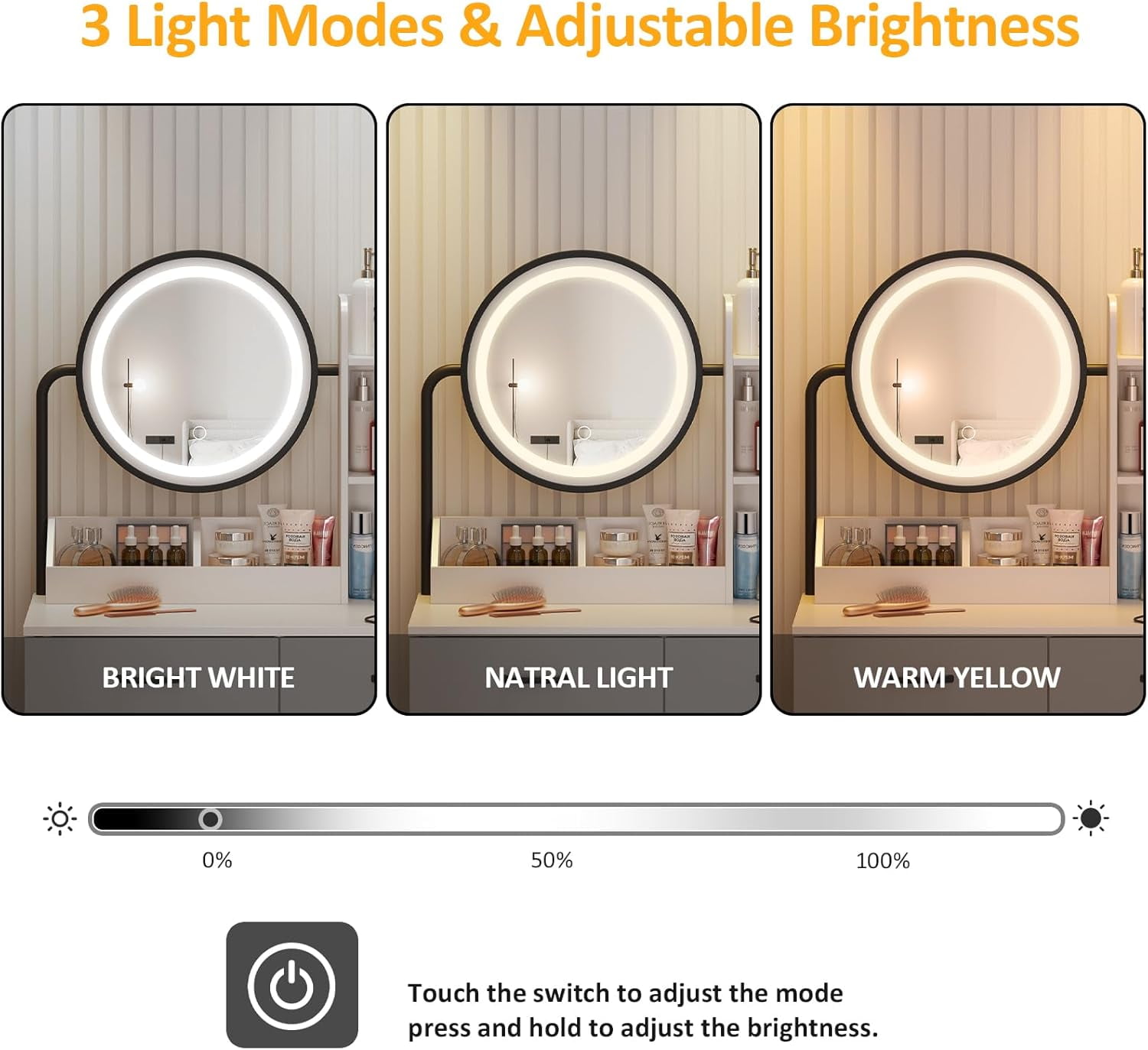 VEANERWOOD Makeup Vanity with Round Mirror and Lights, White Vanity Makeup Table with Charging Station, Small Vanity Table for Bedroom, 3 Lighting Modes, 31.5in(L)