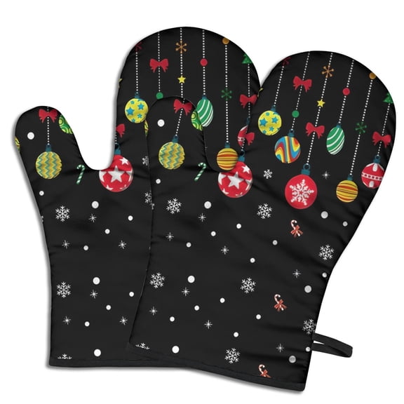 Cute Oven Mitts,Black Christmas Ornament Pattern Oven Mitt 2-Pack Set,Kitchen Gloves for Oven,Heat Resistant Oven Mitts 7.7"x12"