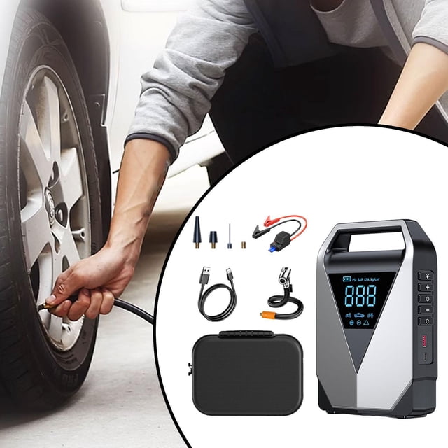 bomba de aire para arrancador de batería para automóvil,bomba de aire para arrancador de batería para automóvil pantalla digital,inflador de llantas cargador usb multifuncional,compresores dispositivo portátil negro con pantalla digital LED azul; vista 3/4 frontal mostrando carcasa rectangular, botones laterales, puerto USB y luz LED; incluye manguera de inflado, adaptadores, cable tipo C, pinzas de batería y funda. Apto para inflar neumáticos de auto, moto, bicicleta y pelotas; salida USB para cargar dispositivos en emergencia; dimensiones ~22,2 x 14 x 6 cm.