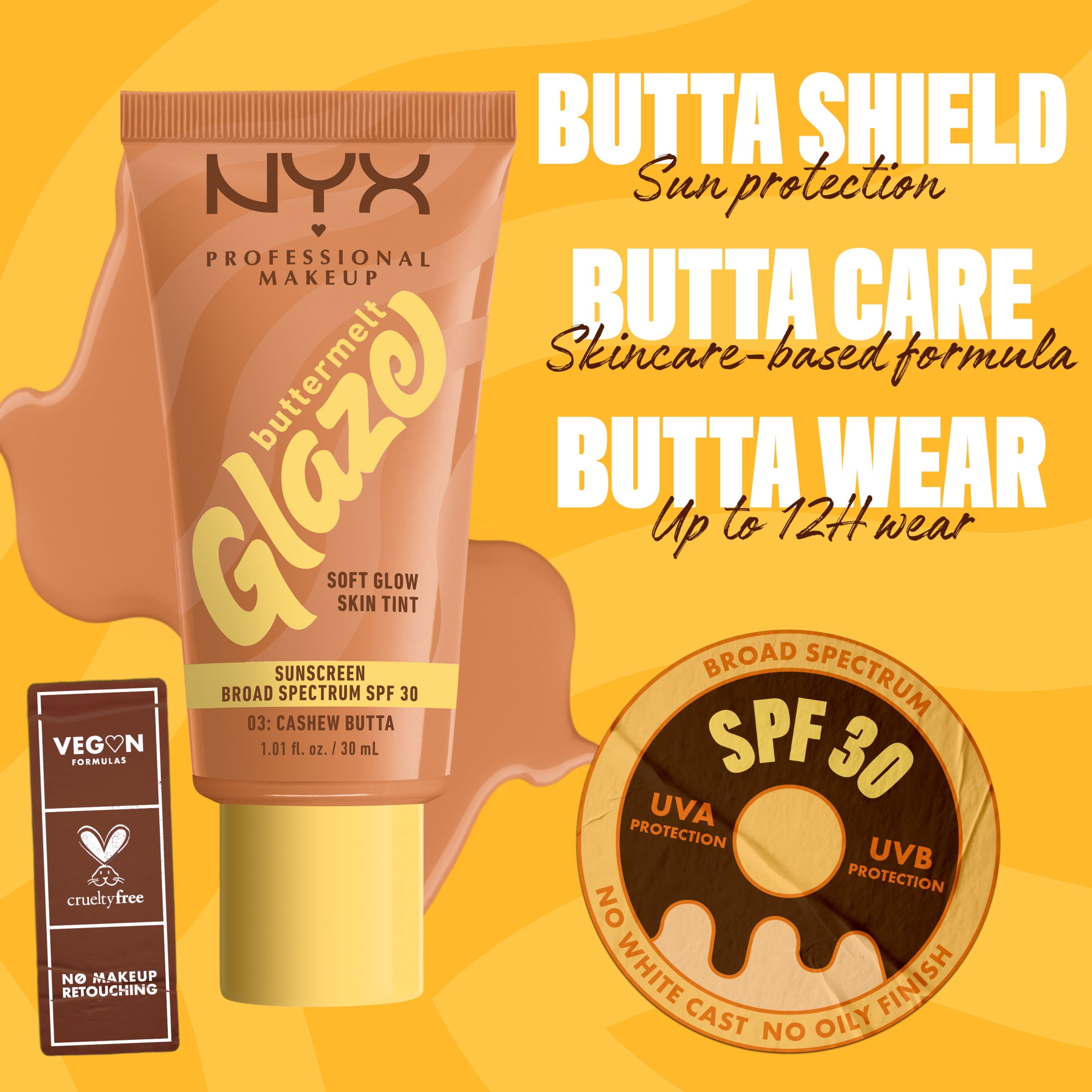 NYX Professional Makeup Buttermelt Glaze Skin Tint with SPF 30, Cashew Butta, All Skin Types, 1.01 fl oz