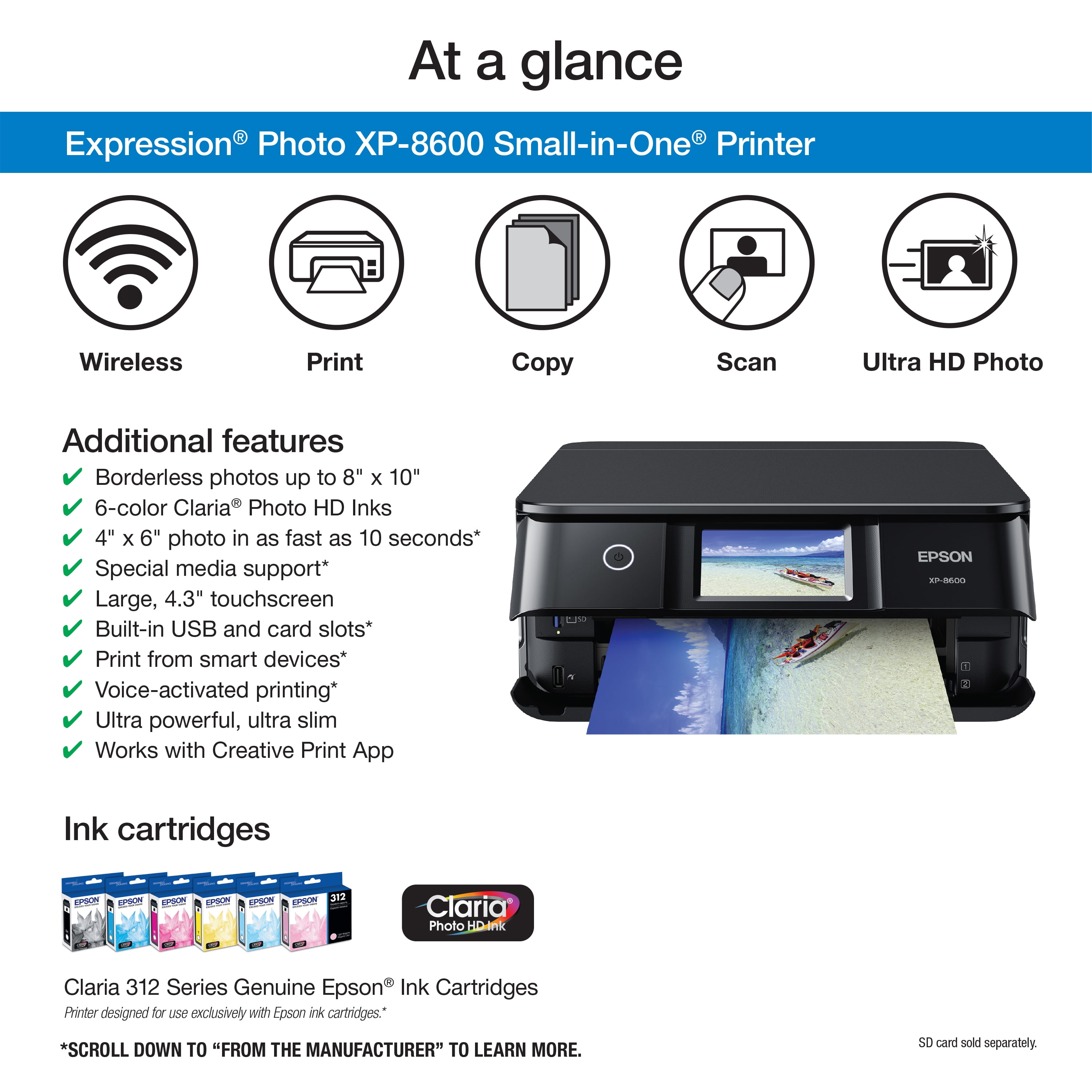 pen Derfor tidligere Epson Expression Photo XP-8600 Wireless Color Photo Printer with Scanner  and Copier - Walmart.com