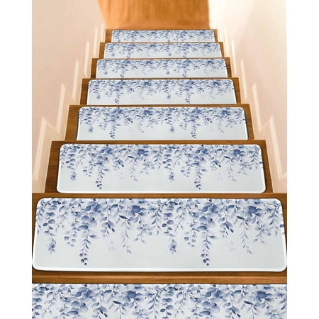 Blue Eucalyptus Stair Treads for Wooden Steps Indoor Runner Rug Carpet Botanical Plant Rustic Branch Floral 4 Pieces Peel and Stick Staircase Step Treads Covers Washable Throw Door Mats 30 x8