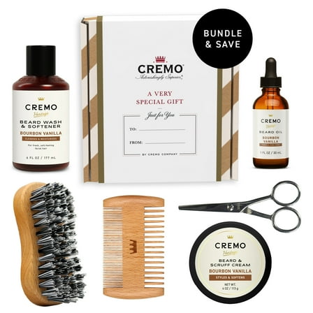 Cremo Bourbon Vanilla Ultimate Beard Grooming Mens Gift Set, 3 Beard Grooming Items   3 Tools, New
