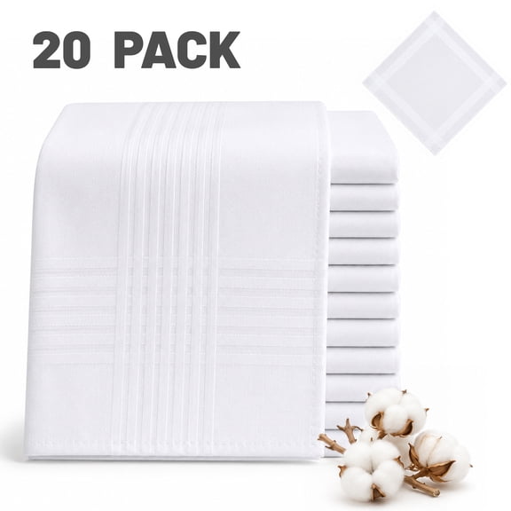 punada 20 pack White Handkerchiefs for Men, Soft Cotton Classic Mens Hankies, Reusable Pocket Handkerchiefs for Daily Use, 16x16 inch Suit Pocket Mens Handkerchiefs Cotton