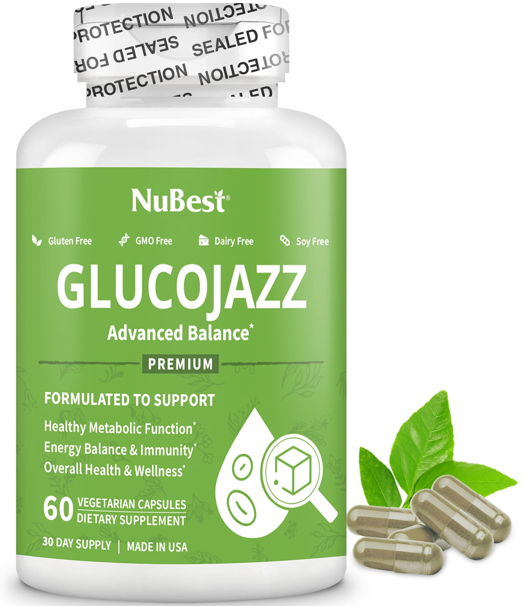 GlucoJazz by NuBest, Premium Glucose Metabolism Support & Blood Sugar Control, with Chromium, Ashwagandha, Bitter Melon, Magnesium & Botanicals, 60 Vegan Capsules