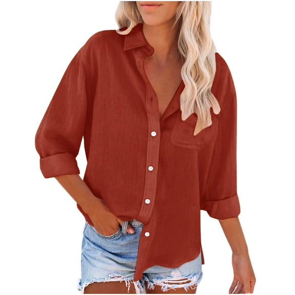 Clearance! Hassda Long Sleeve Shirts For Women Button Down Shirts For Women Summer Shirts For Women Linen Shirts For Women With Pockets Loose Fit Vacation Beach Work Tops Clothes Brown S-5XL