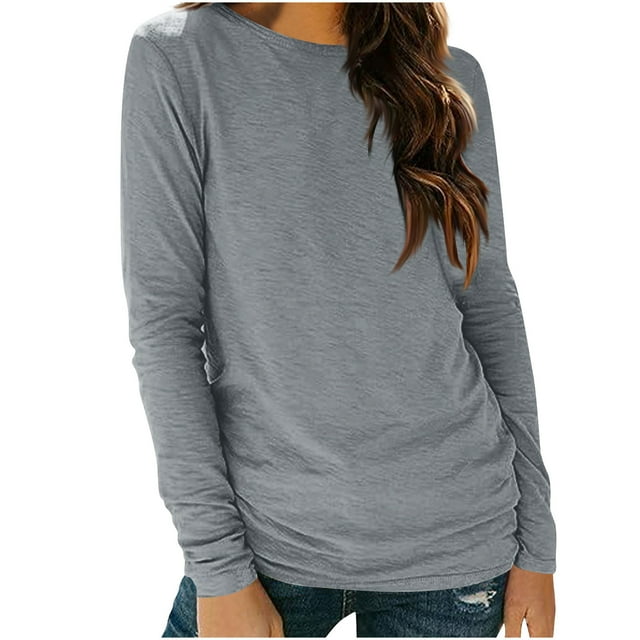 Plebaso Chandails à Manches Longues pour Femmes Col Rond T-Shirts Basiques Hauts Décontractés Couleur Unie T-Shirts Doux pour Femmes
