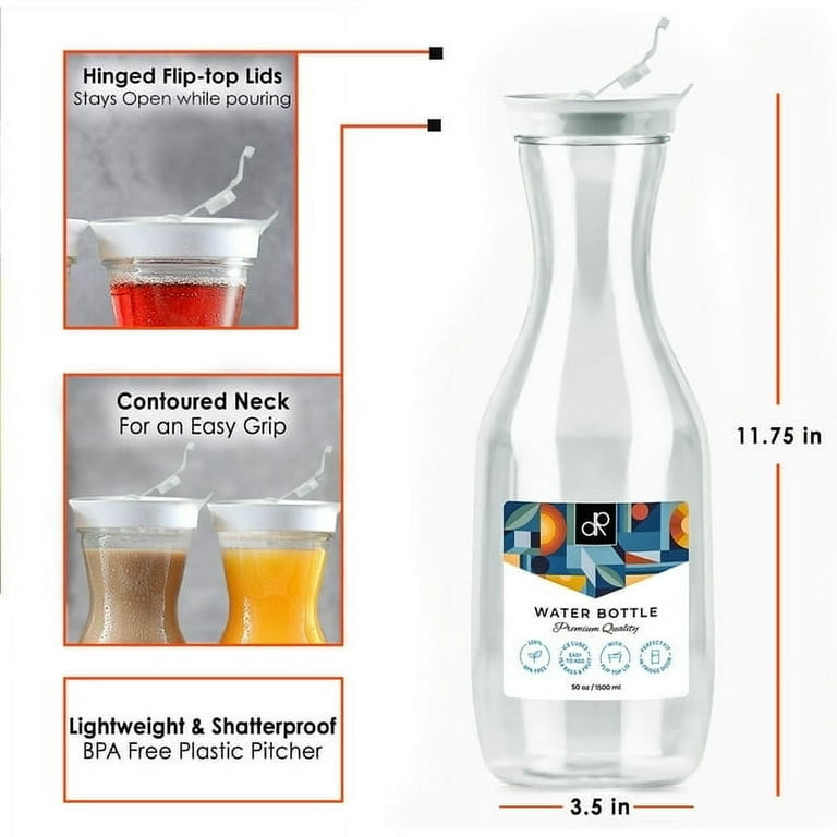 Stock Your Home 50 oz Plastic Water Carafes with White Flip Tab Lids (2  Pack) - Food Grade & Recyclable Shatterproof Pitchers - Juice Jar for