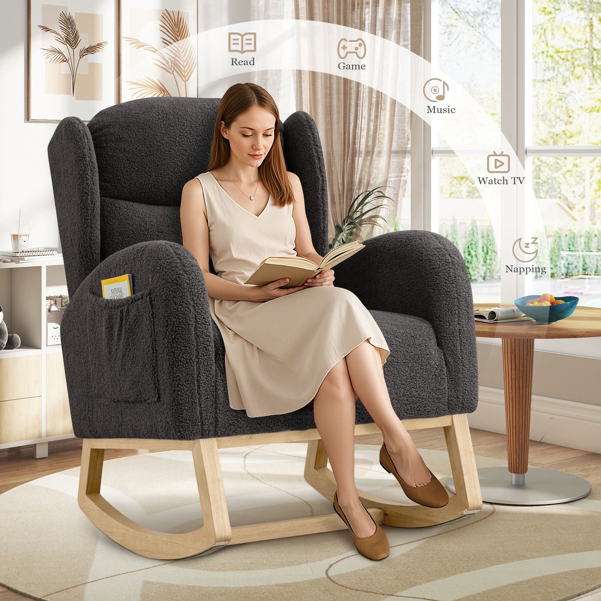Muumblus Nursery Rocking Chair, Wingback Glider Rocker, Indoor Uphlostered Rocking Chair, Gray Teddy