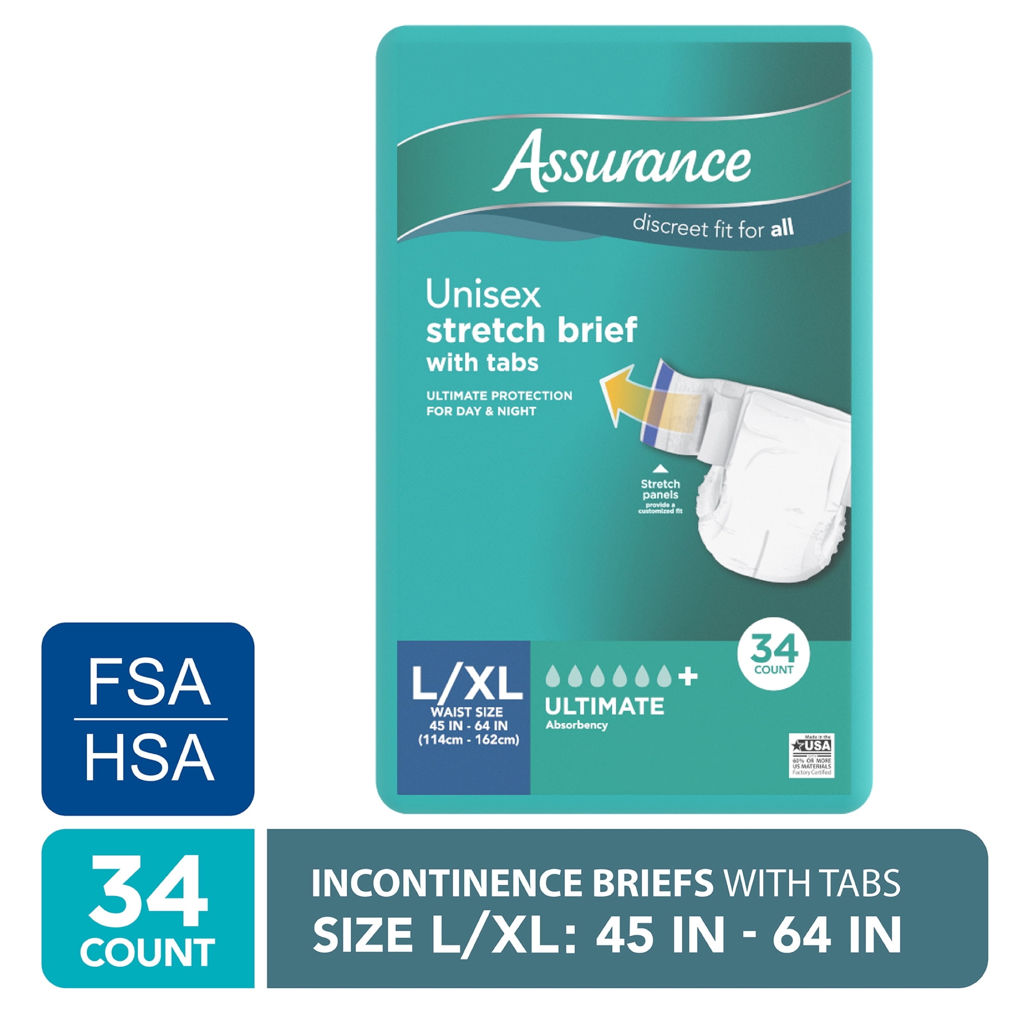 Assurance Unisex Stretch Briefs with Tabs, L/XL, 34 Count