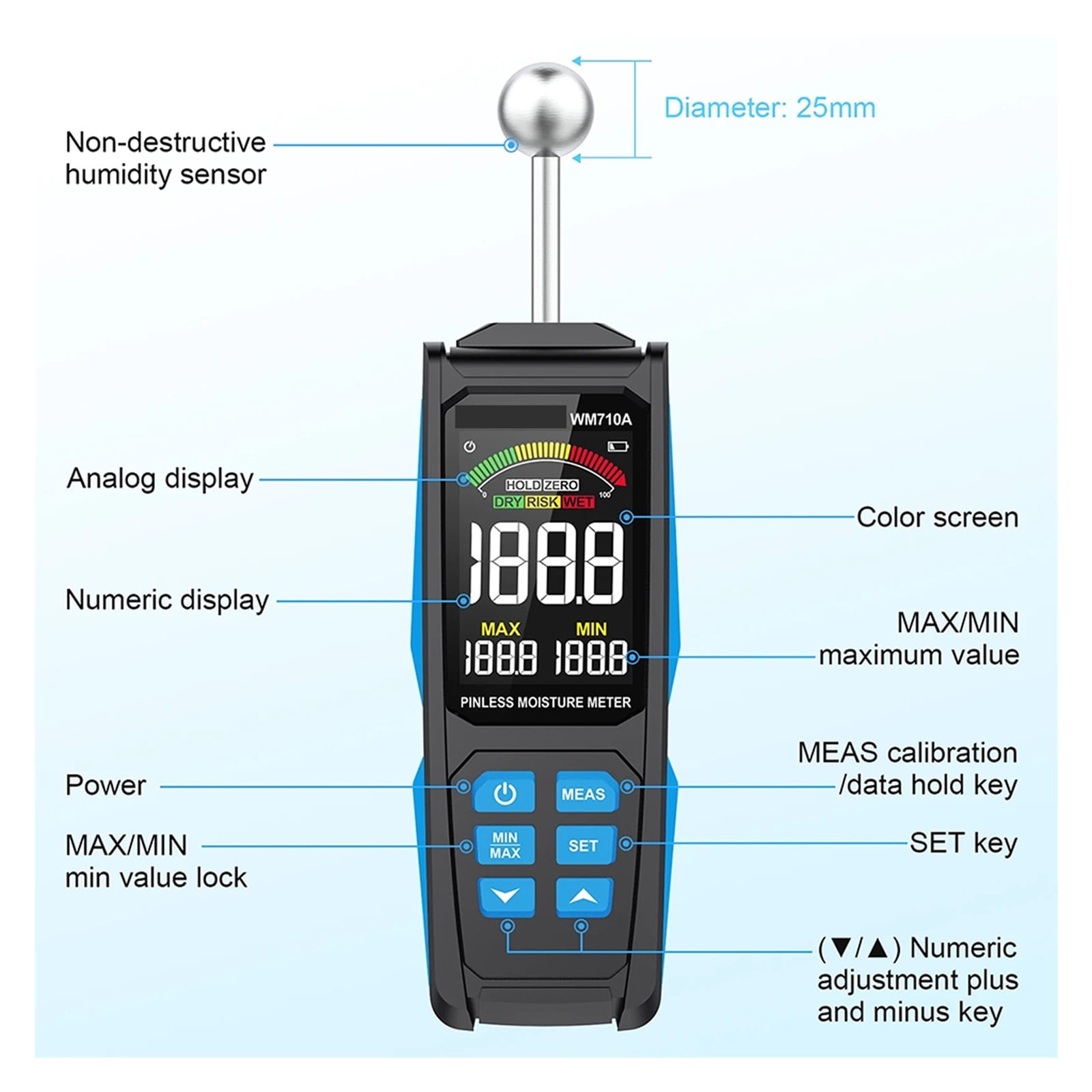 WM710A Digital Wood Moisture Meter Spherical Hygrometer Record Humidity Auto Timber Damp Detector