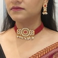 thumbnail image 3 of Efulgenz Red Faux Pearl Beaded Choker Necklace Earrings Kundan Crystal Bridal Jewelry Multi Layered Necklace Dangle Earrings Wedding Indian Jewelry Set for Women, 3 of 8