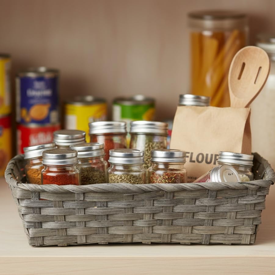 12 Pack Premium Handmade 12" x 9" Antique Grey Bamboo Rectangular Storage Baskets – Countertop Artisan Organizer for Kitchen Pantry, Bathroom Vanity, Entryway Catch-All by The Lucky Clover Trading