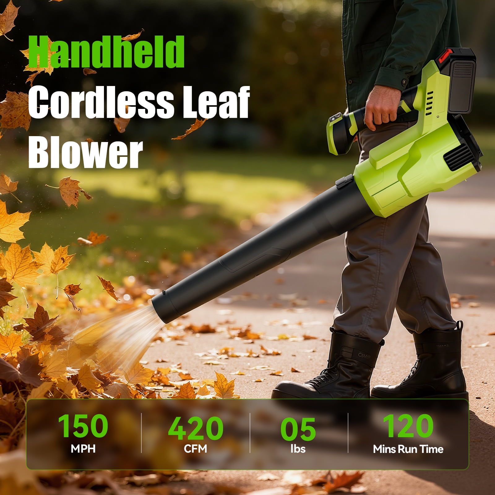 Fenbeli Leaf Blower Cordless with 2 Batteries, 450CFM/150MPH 21V Electric Leaf Blower Portable for Lawn Care, Green