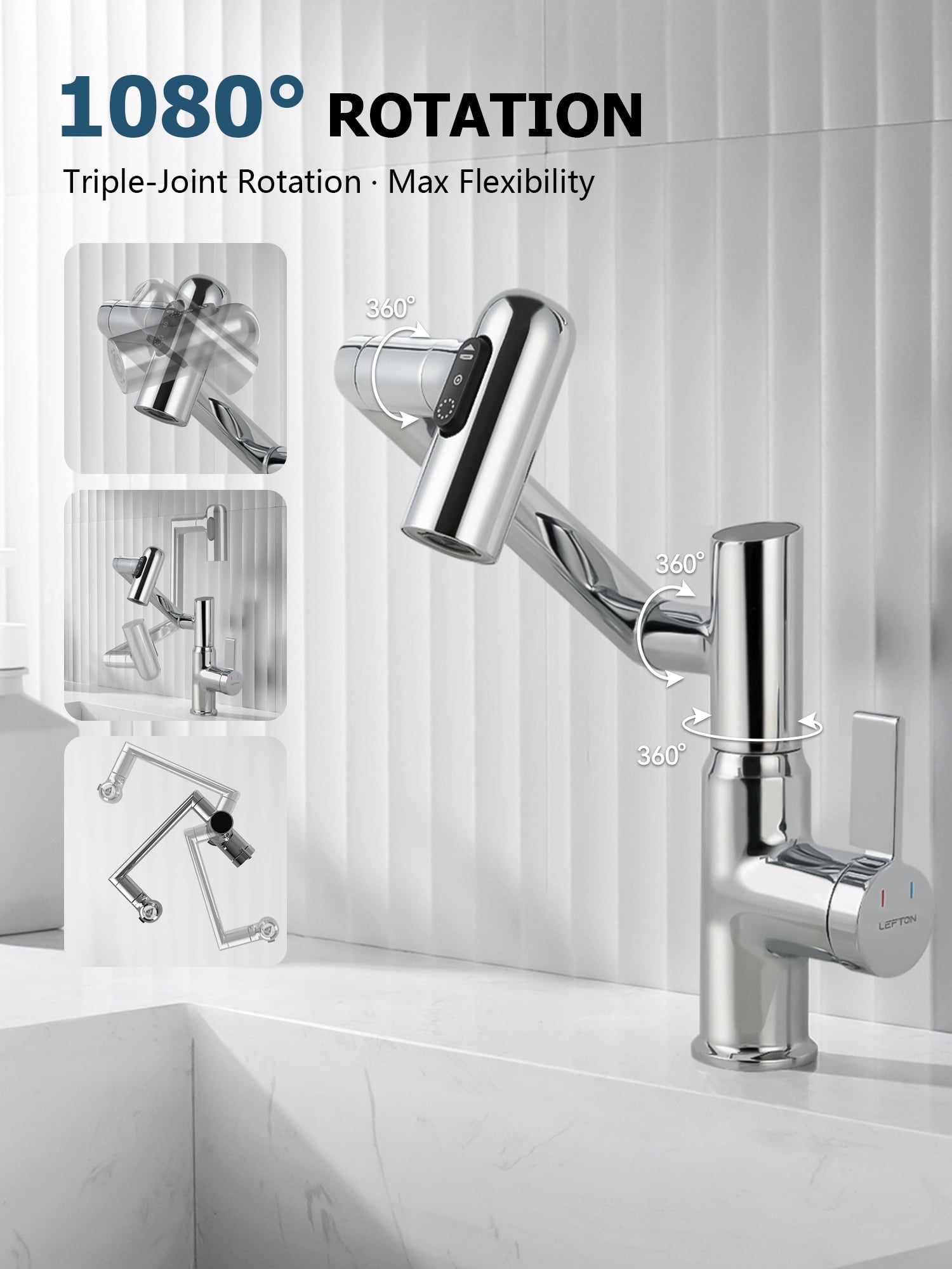 Lefton Rotatable Bathroom Faucet with Temperature Display in Fahrenheit (Batteries-Free), 3 Water Outlet Modes, Chrome, BF2204-1