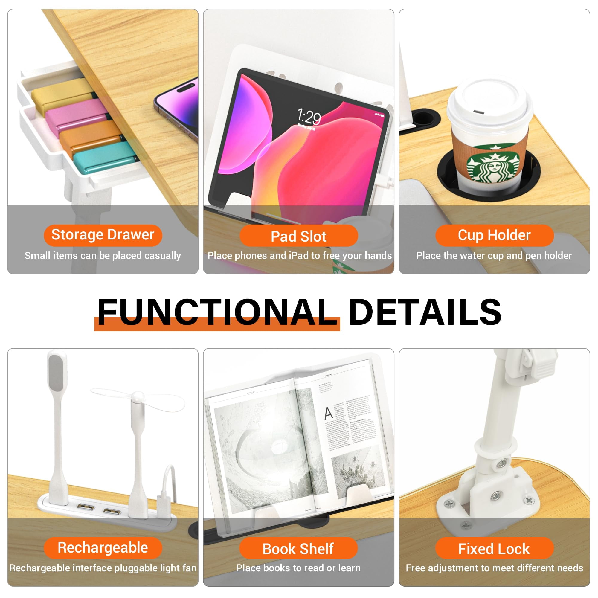 Laptop Bed Desk Height Adjustable  Table With Usb/storage Drawer/cup Holder/tablet Stand/book Shelf Foldable Breakfast Tray Portable For Reading Writing Sofa & Floor Wood