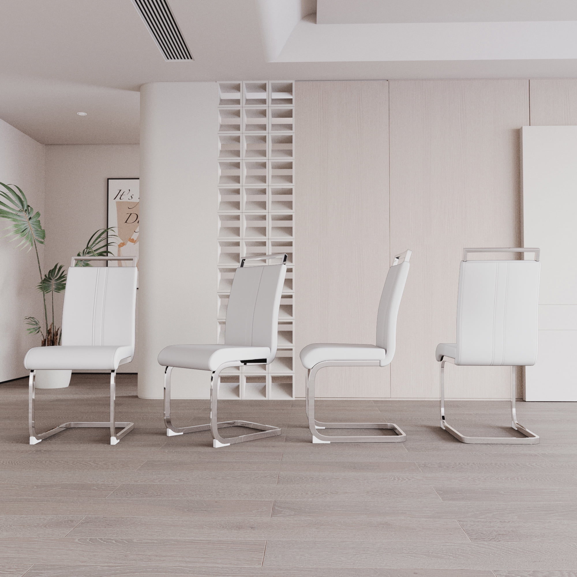 Dining Chairs Set of 2 PU Leather High Back Upholstered Chairs with Gold Metal Legs for Home Kitchen Dining Room Patio, White