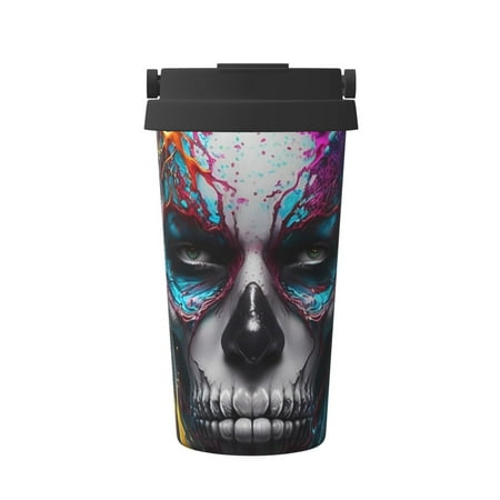 

Qekee Modern Abstract Colorful Skull Print Insulated Coffee Mug Coffee Tumbler Cup Thermos Mug Water Bottle with Handle & Flip