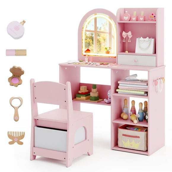 Gymax Coiffeuse pour Enfants Princesse Coiffeuse pour Filles avec Miroir Éclairé à DEL 3 Couleurs Rose