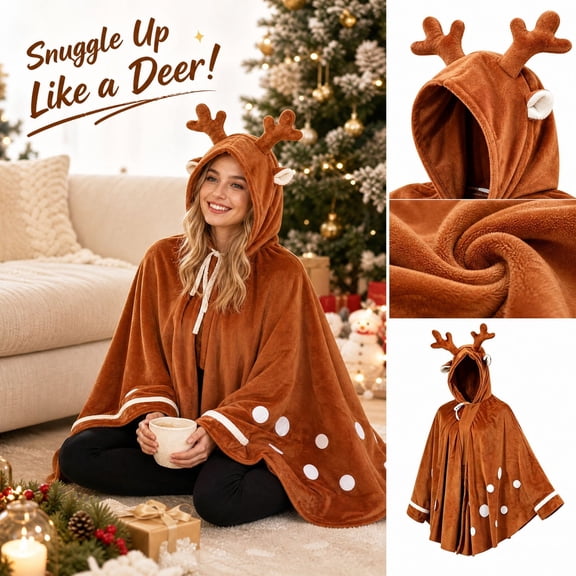 Christmas Reindeer Hooded Wearable Blanket Cape, Soft Coral Fleece Snuggie for Adults, Christmas Cosplay Costume Hoodie Blanket, Cozy Wing Cape for Lounge and Party