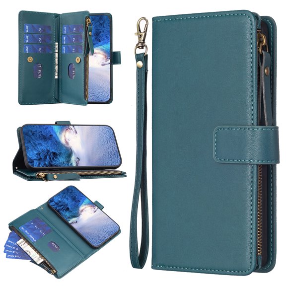 Zipper Wallet Case for iPhone XR, for Women & Men Flip Purse Cover with Credit Card Slots Wrist Hand Strap Kickstand, PU Leather Magnetic Clasp TPU Shockproof Case, Green