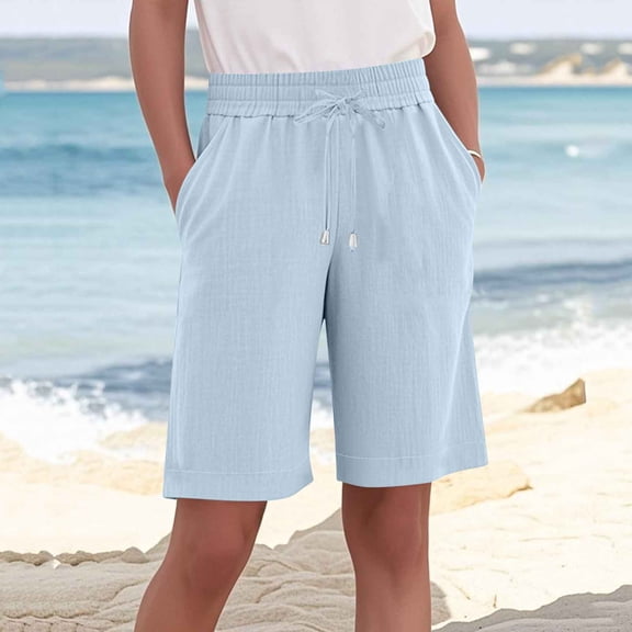 Women's Linen Bermuda Shorts Drawstring Elastic Waist Summer Loose Fitting Casual Knee Length Short Pants Light Blue XL